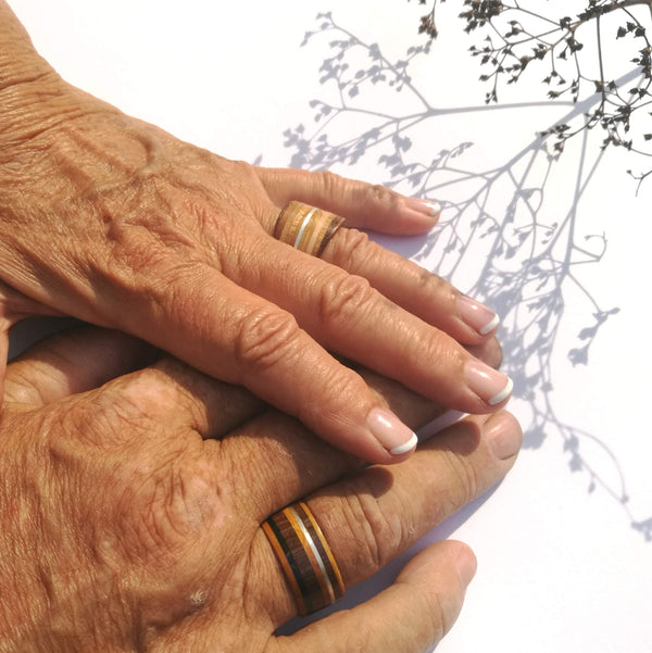 oudere handen van een stel, die elkaar vasthouden terwijl ze bijpassende TimberRing-trouwringen dragen, gemaakt van hout en edelmetaal. De ringen symboliseren hun liefde en verbondenheid, terwijl de handen de tijdloze waarde van hun relatie weerspiegelen.